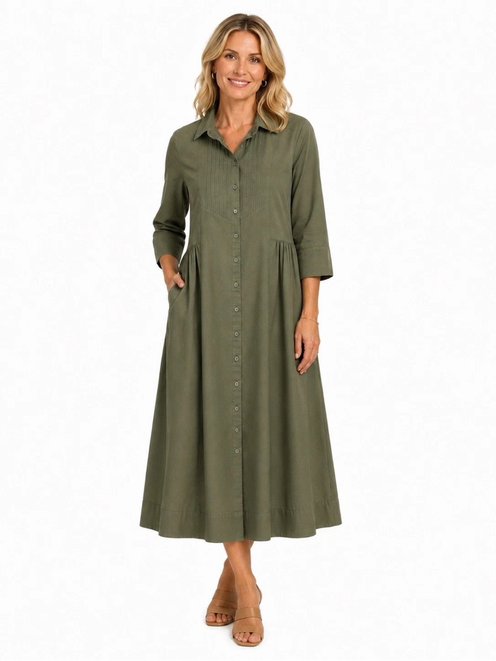 MAYE Olive Green Khaki Susie Shirt Dress Button Down Midi Size 2XL Cotton